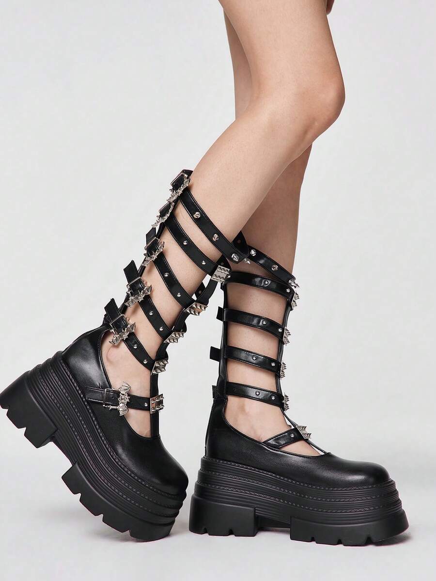 ROMWE 女士高跟凉鞋~ 2026 新款春秋朋克风深色圆头铆钉金属扣皮带扣夏季镂空长靴方跟小众设计罗马风酷炫女靴 - 黑色 - 查看 1