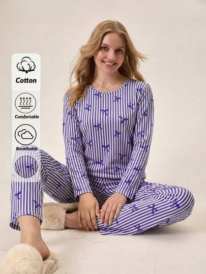 Loomlin Women Cotton 2 Pcs Striped&Bot Pattern Homewear Cute Pajama Set