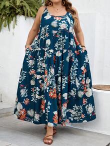 SHEIN CURVE+ 曲线尺码 US22 音乐节、海滨度假、波西米亚风印花吊带连衣裙，适合夏季海滩度假、沙滩罩衫、夏季服装，女士碎花连衣裙，碎花长裙，夏季吊带裙，波西米亚风碎花连衣裙，大码夏季连衣裙，波西米亚风长裙 - 藍色 - 查看 5