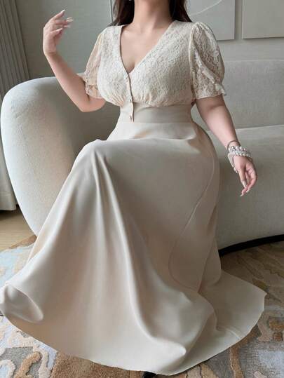 Vibekara 大码优雅法式杏色蕾丝拼接V领束腰花瓣袖连衣裙