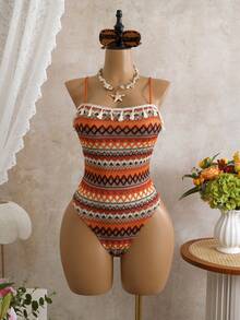 Bonvoyette Fringed Halter One-Piece Swimsuit For Women, Suitable For Beach Vacation In Spring/Summer - Orange - View 3