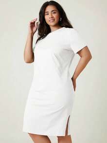 EMERY ROSE Plus Solid Split Hem Tee Dress - White - View 4