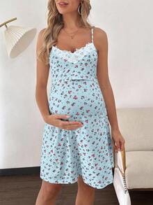 SHEIN Maternity Floral Contrast Lace Camisole Nursing Dress - Baby Blue - View 5