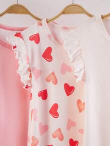 3件套 女童舒适时尚爱心印花短袖荷叶边休闲睡衣家居服套装，春夏款 - 粉色 - 查看 7