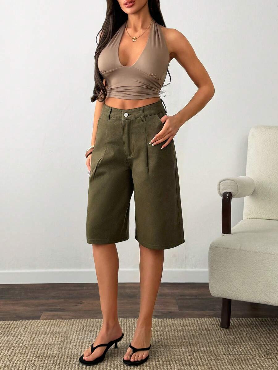 SHEIN Mid Waist Pleat Front Denim Short - Army Green - View 1