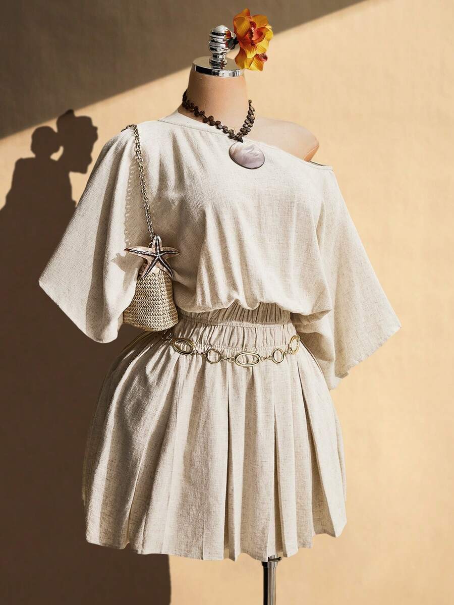 SHEIN ICON Đầm nữ cỡ lớn kiểu dáng thường ngày cổ lệch, xếp ly, màu mơ. - Màu be - Xem 1