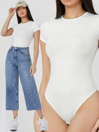 SHEIN BASICS 休闲纯色短袖连体衣，夏季