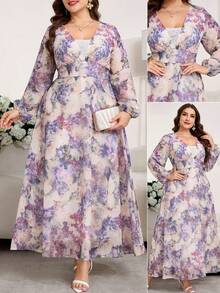 Reflora 大码优雅印花灯笼袖连衣裙 - 淡紫色 - 查看 1
