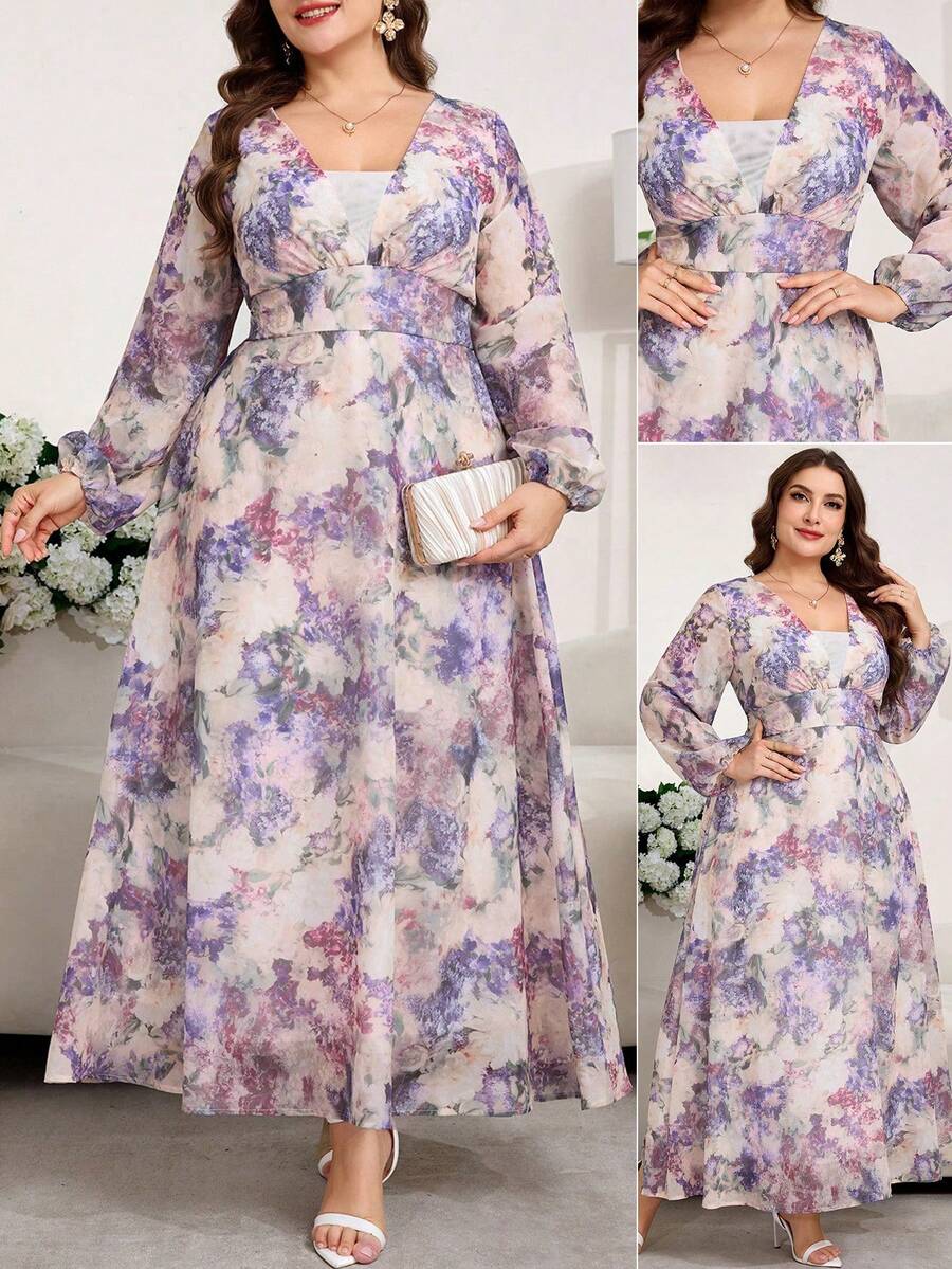 Reflora 大码优雅印花灯笼袖连衣裙 - 淡紫色 - 查看 1