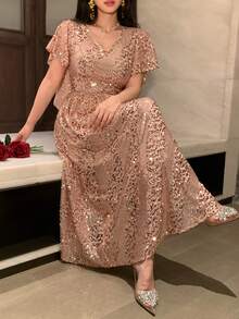 DAZY Đầm nữ thanh lịch cổ chữ V đính sequin tay bồng dài ngang gối, thích hợp mùa hè, dự tiệc cưới, đầm hè cho nữ. - Hồng - Xem 6