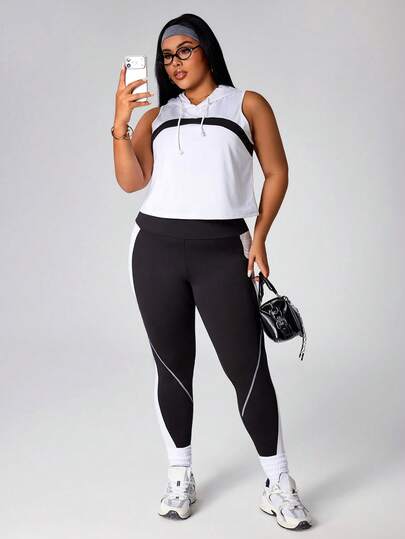 Rhythm Era Rhythm Era Plus-Size Women's Contrast Color Drawstring Hooded Cropped Camisole And Leggings Sports Suit