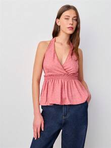 Nöista Dusty Rose Peplum Halter Top Features A Textured Fabric With A Deep V-Neckline. Spring Summer, Easter, Boho, Festival. - Red - View 4