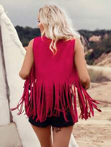 Breezaya Women's Solid Color Rivet Design Fringe Hem Lightweight Vest Jacket - Hot Pink - View 2