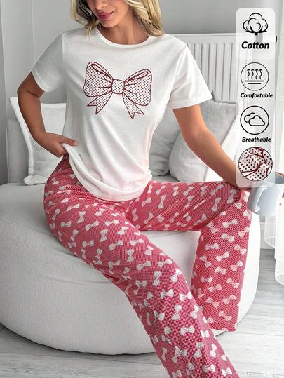 SHEIN Sweet Cute Bow Print Pajama Set – Ultra Soft Breathable Short Sleeve Top & Elastic Waist Lounge Pants | Cozy Casual Homewear | Comfy Cotton | Spring Summer Sleepwear