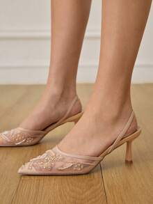 CUCCOO HITCHD Giày cao gót mũi nhọn đính hoa ngọc trai giả thanh lịch dành cho nữ. - Màu be - Xem 5