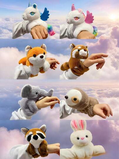 POKOJA LAND 动物毛绒弹跳戒指，包含大象、兔子、树懒、浣熊和独角兽等小型动物毛绒玩具，配有拍击手环，创意设计，可佩戴在手腕上，是送给亲朋好友的独特生日和节日礼物。