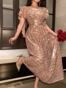DAZY Đầm nữ thanh lịch cổ chữ V đính sequin tay bồng dài ngang gối, thích hợp mùa hè, dự tiệc cưới, đầm hè cho nữ. - Hồng - Xem 7