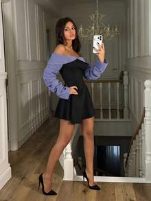Ronhire Women's College Style Minimalist Sexy Off Shoulder High-Waisted Contrast Color Design Slim Mini Dress, Autumn/Winter Blue Things - Multicolor - View 6
