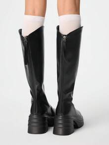 ROMWE Goth Botas altas de tacón grueso para mujer, botas de tacón ancho hasta el tobillo para petite, con cremallera en la parte trasera, botas de montar de moda, para primavera/otoño - Negro - Ver 2