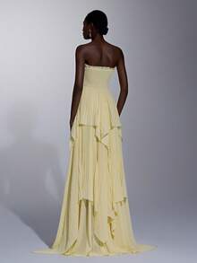 Elitara Vestido de gasa con hombros descubiertos, plisado y fruncido en el bajo, elegante y romántico, adecuado para festivales, bodas, galas, conciertos, eventos de negocios y ocasiones de influencers en redes sociales - Amarillo claro - Ver 3