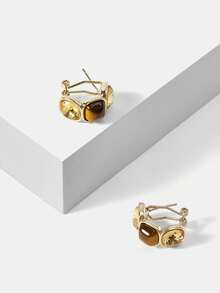 MOTF PREMIUM 轻奢时尚方形虎眼石拼接耳钉 女款，港式气质美拉德耳环 - 金色 - 查看 6