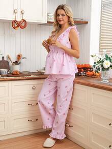 SHEIN 两件套条纹系带荷叶边下摆哺乳上衣和阔腿裤套装 - 紅色 - 查看 5