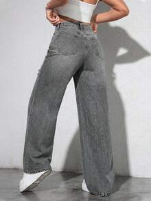 EURMUSE Washed Denim Blue High Waist Ripped Wide Leg Jeans - Grey - View 2