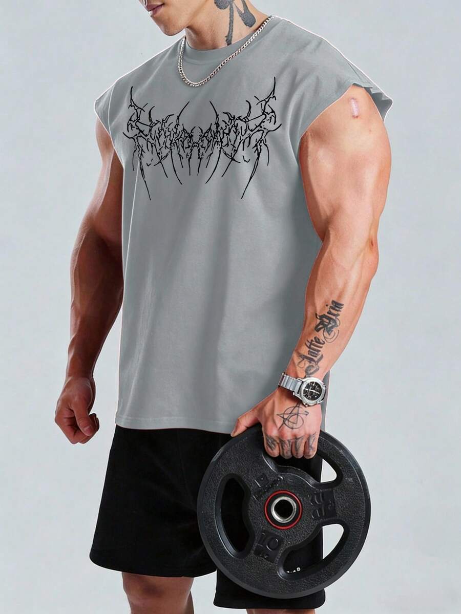 GymBeat Men's Gothic Style Printed Sleeveless Workout Tank Top - Light Grey - View 1