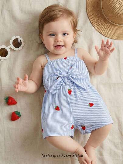 Cozy Pixies 1-Piece Cute Baby Girl: Casual, Simple, And Adorable Striped Romper With All-Over Print And Bow. Suitable For Birthday Parties, Evening Parties, Performances, Weddings, Baptisms, Opening Ceremonies, Everyday Wear, School, Outings, And Autumn/Winter Seasons.