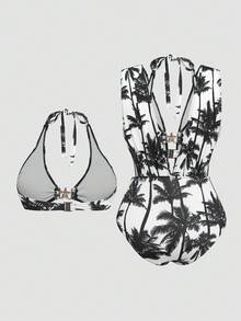 SHEIN 大码女士棕榈树印花时尚吊带连体泳衣，配同款吊带比基尼上衣 - 彩色 - 查看 2