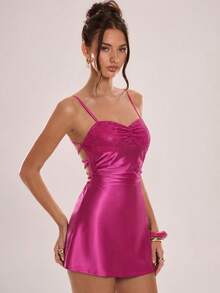 Avenya Váy satin đính sequin, hở lưng, xếp ly, cổ yếm - Màu tím - Xem 5