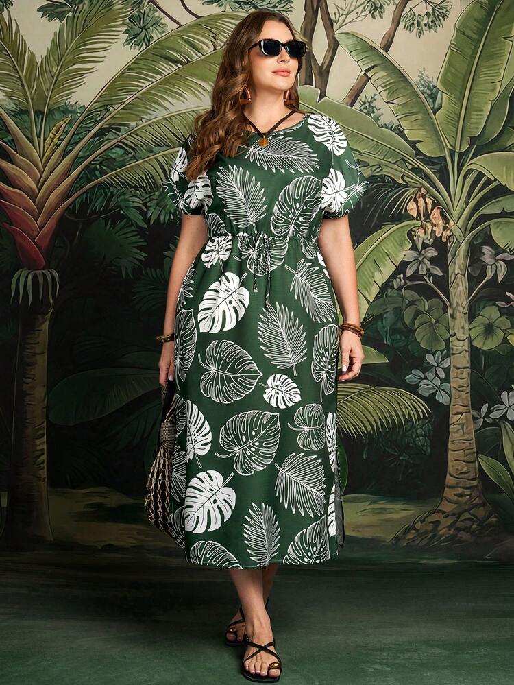 Plus Size Women Round Neck Leaf Print Ruched Casual Party Dress Summer Outfits Beach Vacation Outfits For Women Floral Dress Yellow Dress BOHO Clothes Women's Summer Dresses Women Vacation Dress Women Casual Dresses Women Holiday Dress Summer Outfits For Women Beach Outfit For Women Casual Vacation Outfits Women Country Concert Outfit Peplum