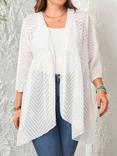 EMERY ROSE Plus Size Women Spring/Summer Casual Lightweight Lace Patchwork Front Short Back Long 3/4 Sleeve Jacket