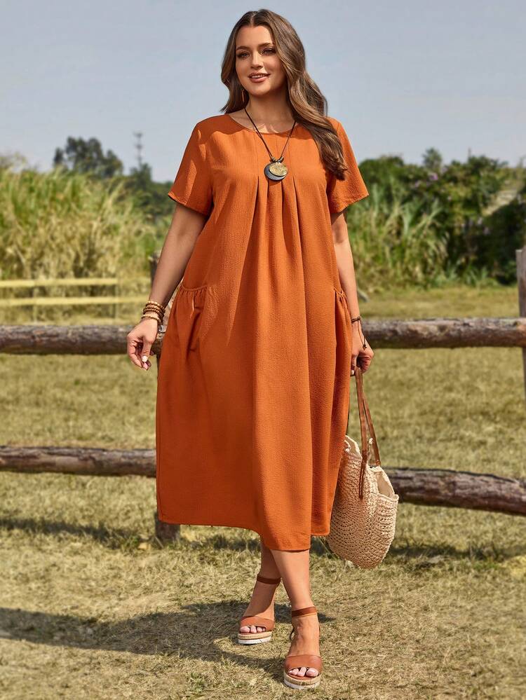 Plus Size Women Solid Color Round Neck Pleated Casual Loose Party & Outing Dress Women Casual Dresses Women's Summer Dresses Linen Dresses For Women Zanzea Dress For Women Casual Dresses For Women Summer Resort Wear Women Vacation Dress Zanea Dress For Woman Pure Dress Women Simple Dresses For Women Woman Dress Elegant Dress Women Dress Zebra Dress For Women Yisikado Dress Rust Casual Dress For Women Long Casual Dresses For Women Simple Casual Dresses Summer Casual Dresses For Women Elegant Casual Rust Dress Business Casual Women Dress
