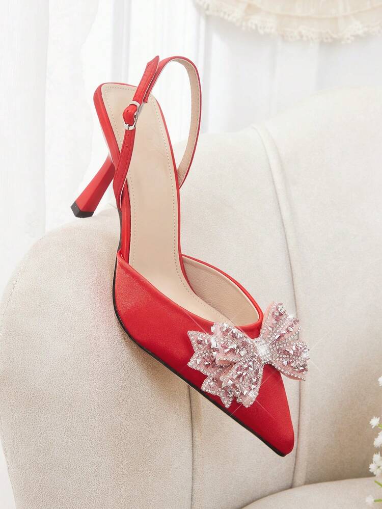 CUCCOO HITCHD Women Shoes Spring Summer New Three-Dimensional Cute Big Bow Design Pointed Toe Wine Glass Heel Middle Heel Romantic Elegance Elegant Simple Black Satin High Heel Single Slingback Dating Afternoon Tea Party Valentine's Day Elegant Wear Banquet Dating Evening Dress Sweet And Sexy Wedding Shoes Half Slippers Macaron White Beige Blue Royal Blue Pink Brown Green Burgundy Gray Rose Red Purple Yellow Orange Apricot Gold Silvery Rhinestones Big Size Rhinestone Flower Lace Wedding Shoes Spring Shoes Bride Shoes