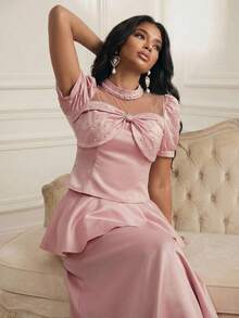 Anewsta 女士纯色蝴蝶结装饰仿珍珠点缀短款花瓣袖时尚衬衫 - 粉色 - 查看 3