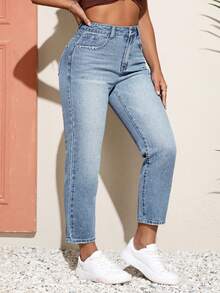 SHEIN MOD Quần jeans nữ cỡ lớn có túi và cúc, kiểu dáng thường ngày, đa năng, thích hợp mặc hàng ngày. - Màu xanh lam - Xem 3