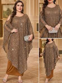 SHEIN Clasi 大码女式纯色圆领露肩蝙蝠袖亮片优雅时尚连衣裙 - 金色 - 查看 12