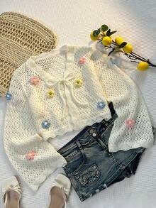 Elamini 女士时尚可爱性感沙滩彩色V领3D立体镂空长袖针织开衫毛衣，夏季 - 彩色 - 查看 6