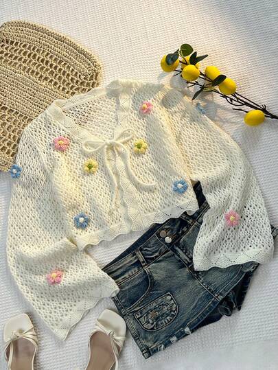 Sunnyshic เสื้อคาร์ดิแกนถักแขนยาวลายดอกไม้ 3 มิติ คอวี สีสันสดใส เซ็กซี่ น่ารัก แฟชั่นสำหรับผู้หญิง, ฤดูร้อน