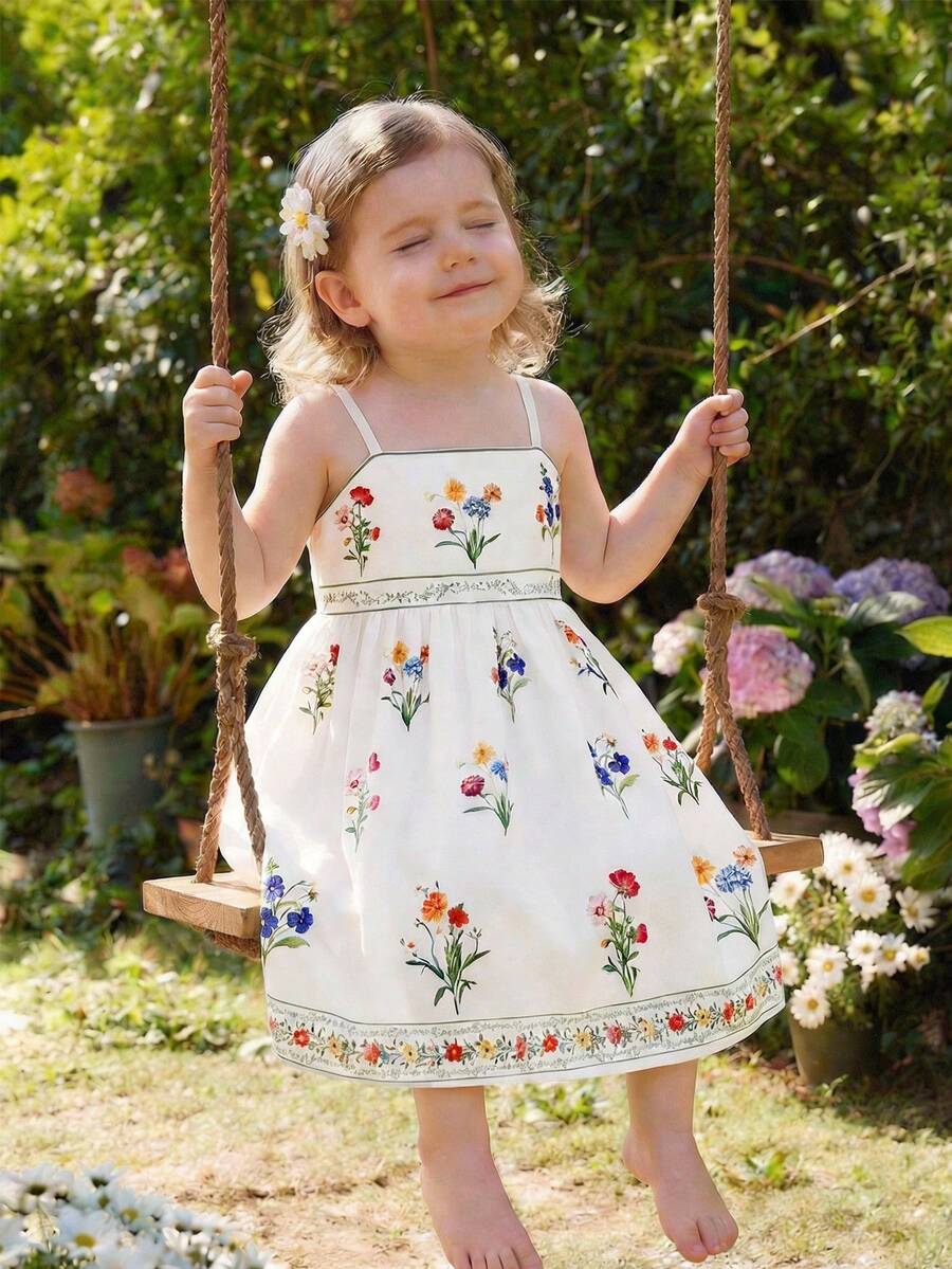SHEIN Babygirl White Floral Summer Cute Picnic Camisole Dress,Vacation Casual Ditsy Floral Print Ruffle Hem Dress,Bohemian Arabic Maxi Jalabiya Kaftan Abaya - Multicolor - View 1