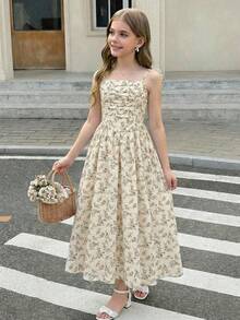 SHEIN 少女优雅度假杏色碎花连衣裙 - 杏色 - 查看 10