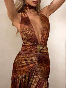 Modelyn Women's Leopard & Floral Print Backless Maxi Dress,Summer Brown 70s Party Holiday Glamorous Earth Tone Halter Bronze Wedding Guest Long Dress - Multicolor - View 5