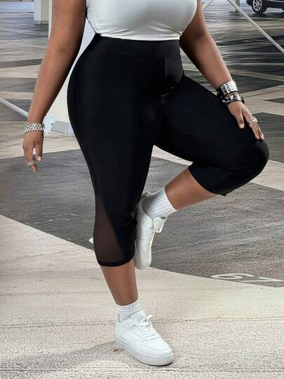 SHEIN CURVE+ Plus Size Women's Black Comfortable Stretchy Fitted 7/8 Leggings, Skin-Friendly