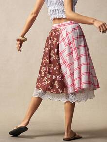 Bohemela 女士夏季休闲度假浪漫优雅法式海滩波西米亚乡村音乐节图案拼接蕾丝细节褶裥A字不规则下摆中长裙，适合海滩、夏季度假 - 彩色 - 查看 5