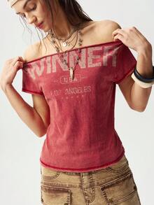 Bohemela Women's Casual Solid Color Knit Boat Neck Short Sleeve T-Shirt Asymmetric Neck TOP - Red - View 5