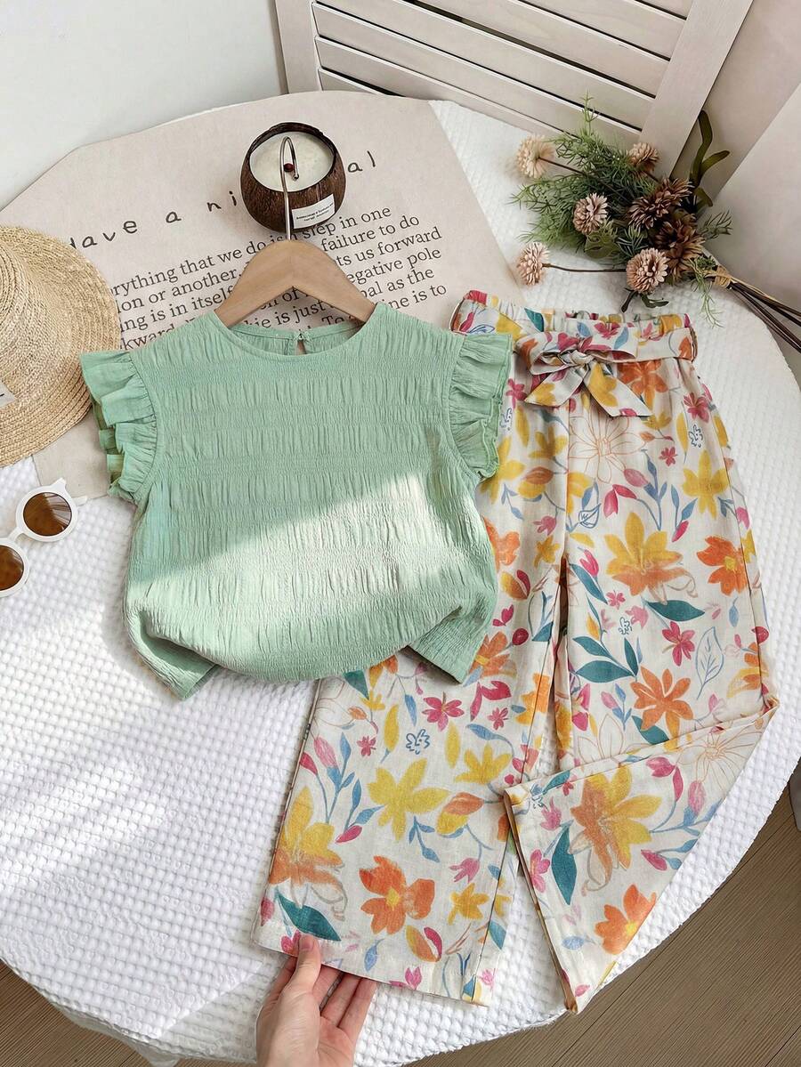 LMoss Kids LMoss 女童两件套：针织纯色荷叶边领上衣和梭织碎花宽松裤 - 粉色 - 查看 1