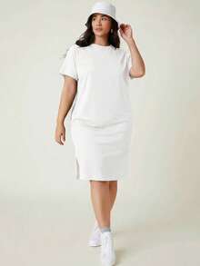 EMERY ROSE Plus Solid Split Hem Tee Dress - White - View 5