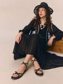 Styleloop Sandal đế bằng nữ, phụ kiện cần thiết cho kỳ nghỉ, du lịch, phong cách boho cao bồi. - màu đen - Xem 7