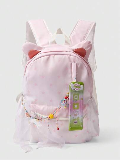ROMWE 1Pc Pink Kawaii Sweet And Cute Lucky Four-Leaf Clover Cat Apple Bow Love Fashion Simple Doll Display Large-Capacity Mass Production Type, Women's Backpack, Suitable For College, Commuting, Travel, Including All Accessories